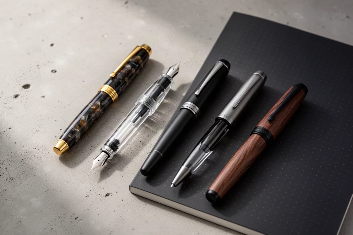 Four fountain pens arranged beside a dot-grid notebook on a concrete desk