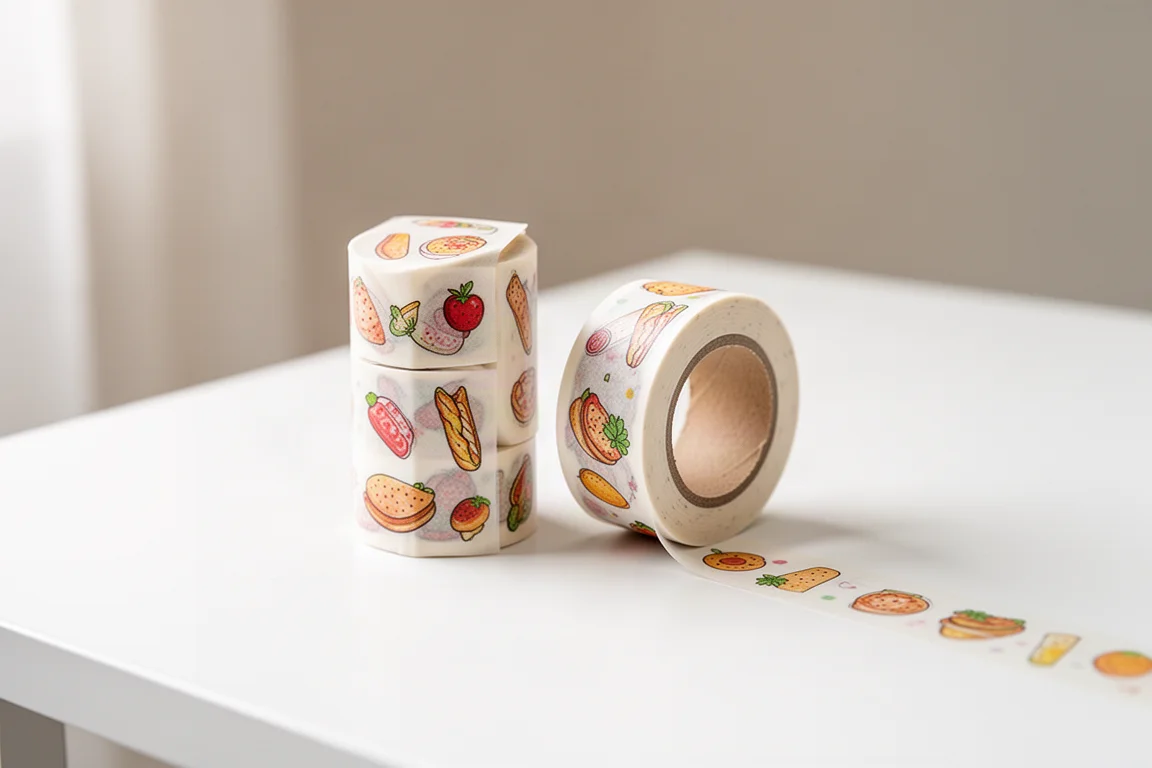 Rollos de washi tape con ilustraciones de comida ordenados sobre un escritorio luminoso