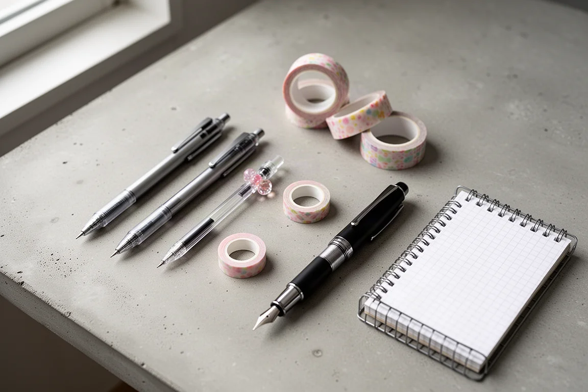 Flat-lay of Japanese stationery including mechanical pencils, gel pen, washi tape, fountain pen, and notebook