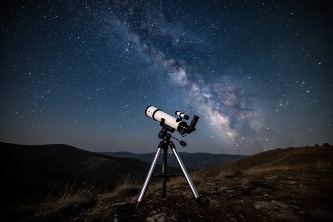 緊湊型望遠鏡在星空下的黑暗山坡上架設完畢