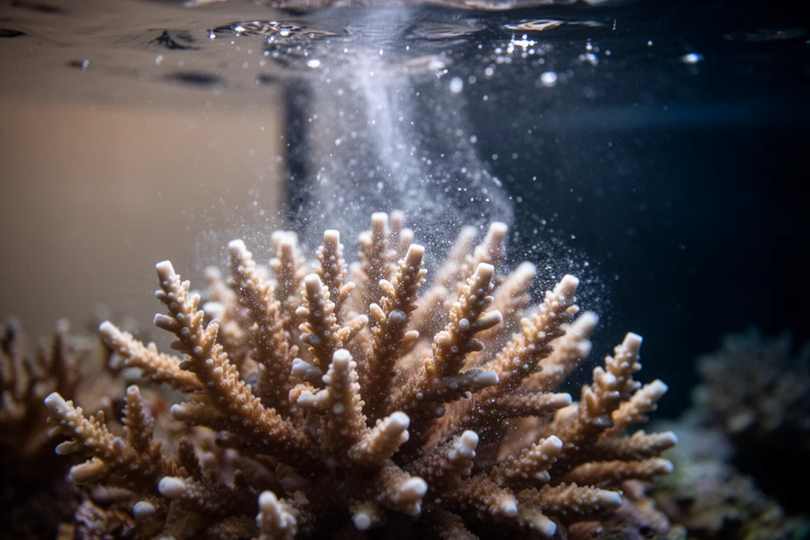 珊瑚蟲在湍流魚缸水流中搖曳的微距特寫