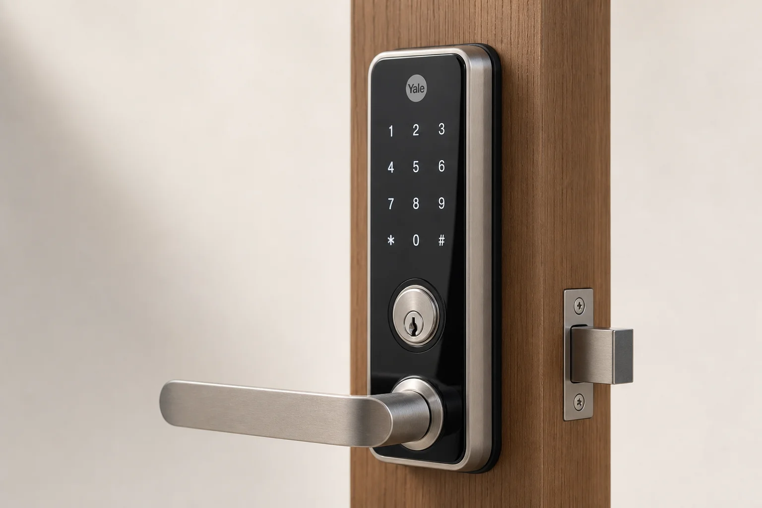 Smart home devices including thermostat, doorbell, lock, bulb, and hub on concrete