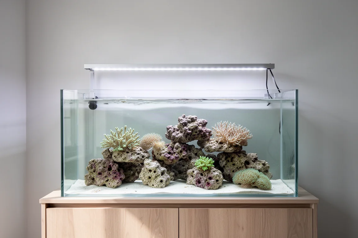 Rimless glass reef aquarium lit by slim LED strips in a bright minimal room