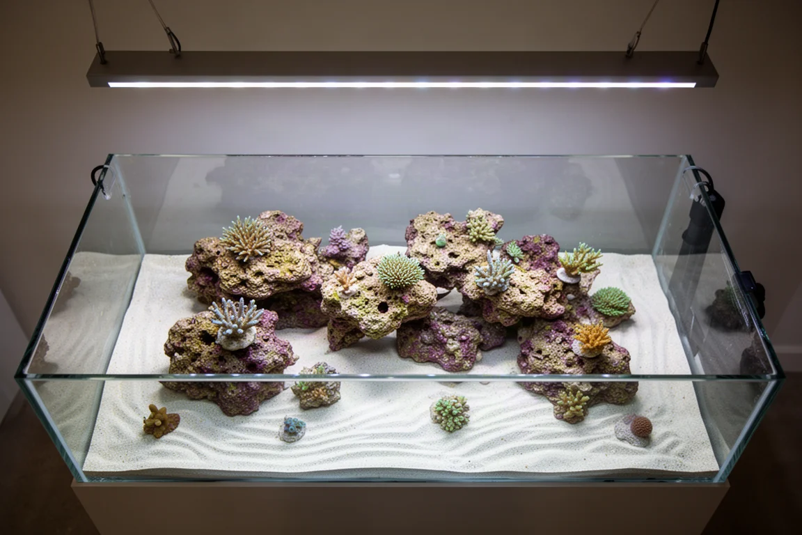 Top-down view of a reef tank showing even light spread with no dark corners