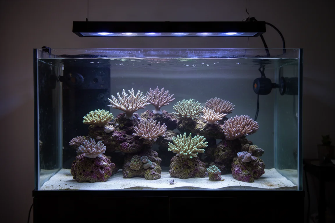 Reef tank at the end of a lighting cycle with corals glowing under dim light