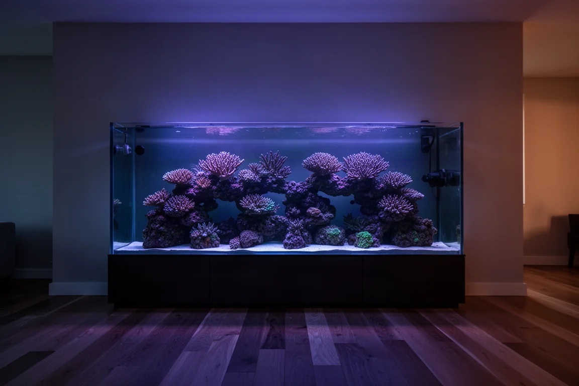 Reef aquarium glowing blue and violet in a dim modern living space