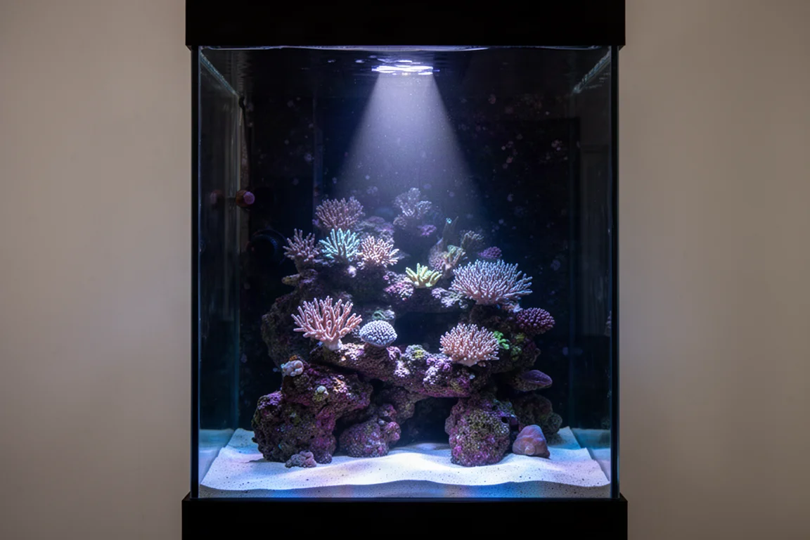 Light cone from an overhead LED fixture reaching the bottom of a tall reef tank