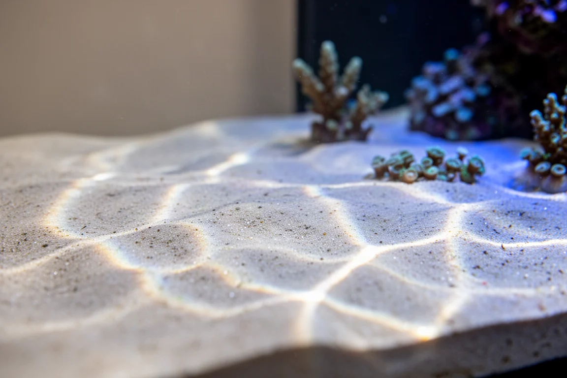 Shimmering caustic light patterns rippling across a reef aquarium sand bed