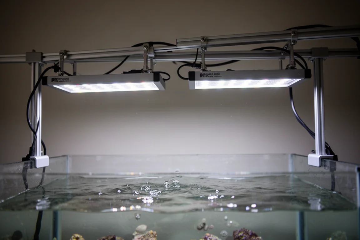 Slim LED panels mounted on aluminum rails above an open reef tank