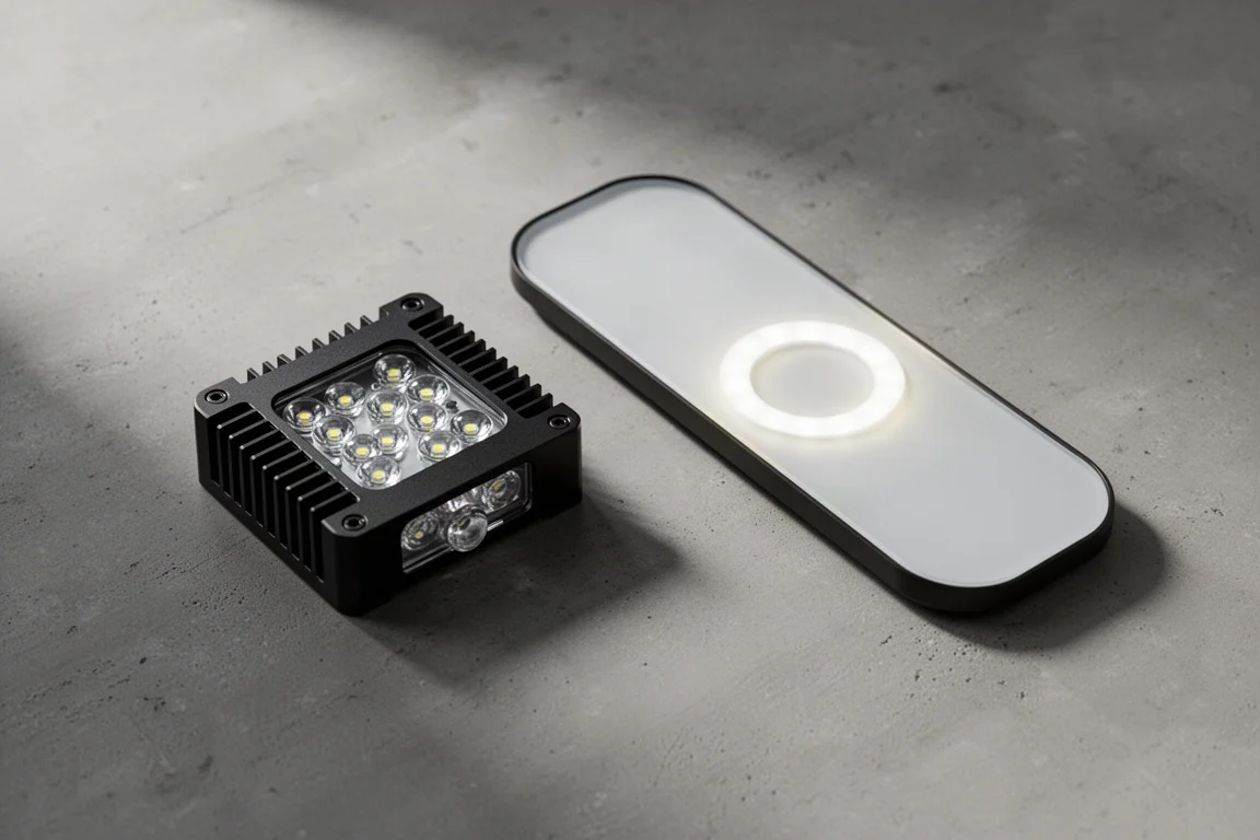 コンクリート面に置かれた2台のリーフアクアリウム用LED照明、コンパクトなパック型とスリムなパネル型