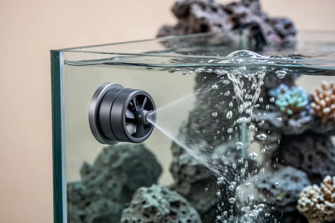 Primo piano di una sottile pompa a elica montata sul vetro dell'acquario che increspa la superficie dell'acqua