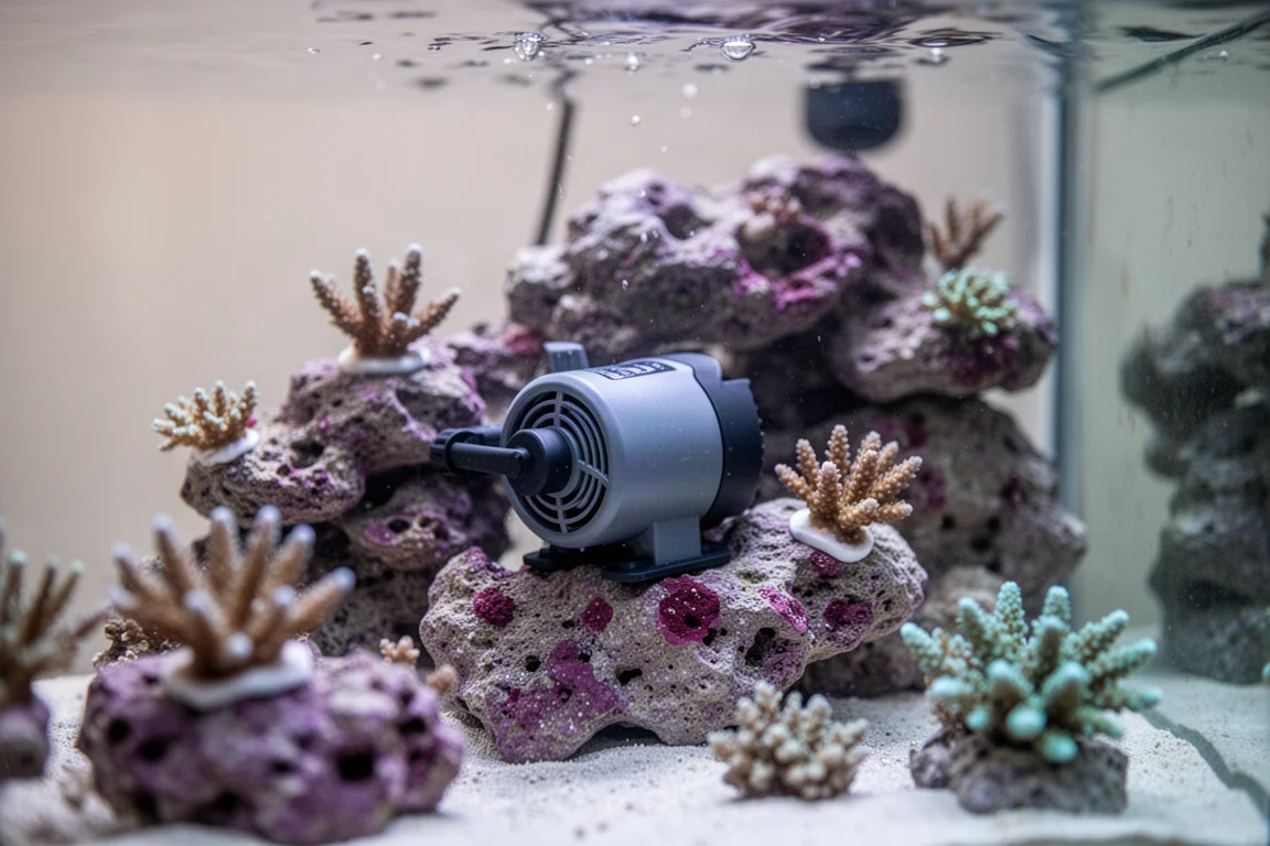 Piccola pompa di circolazione nascosta tra le rocce di un nano acquario marino
