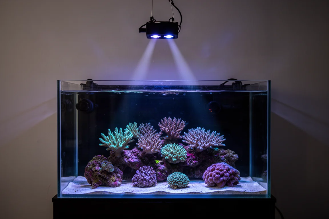 纳米珊瑚缸由紧凑 LED 灯具照明,珊瑚发光