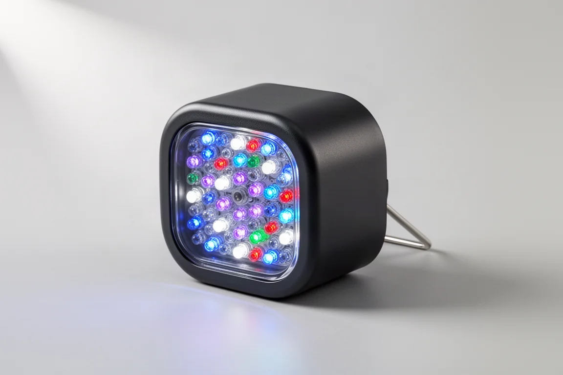 グレーの背景に置かれた、ダークカラーのハウジングを持つコンパクトな正方形LEDリーフアクアリウム照明