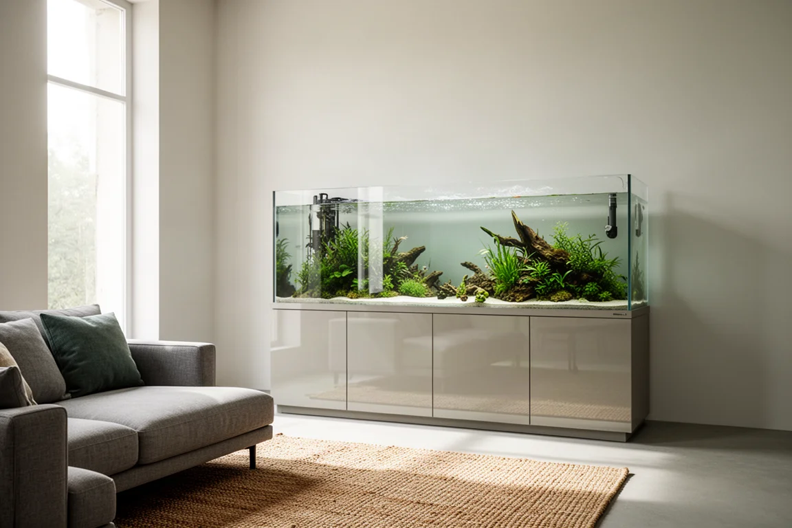 Salon moderne avec un aquarium ouvert de 120 cm sur meuble laqué, près d'une grande fenêtre