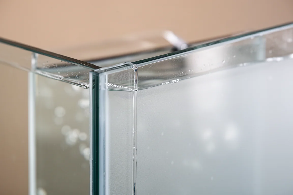 Gros plan sur un panneau arrière dépoli et des joints de silicone nets sur un aquarium en verre ouvert