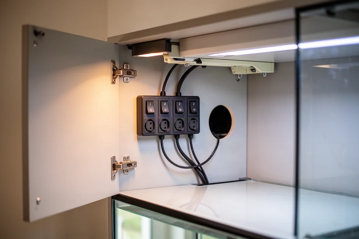 Intérieur d'un meuble d'aquarium montrant une multiprise à six prises avec interrupteurs individuels et un câblage bien rangé