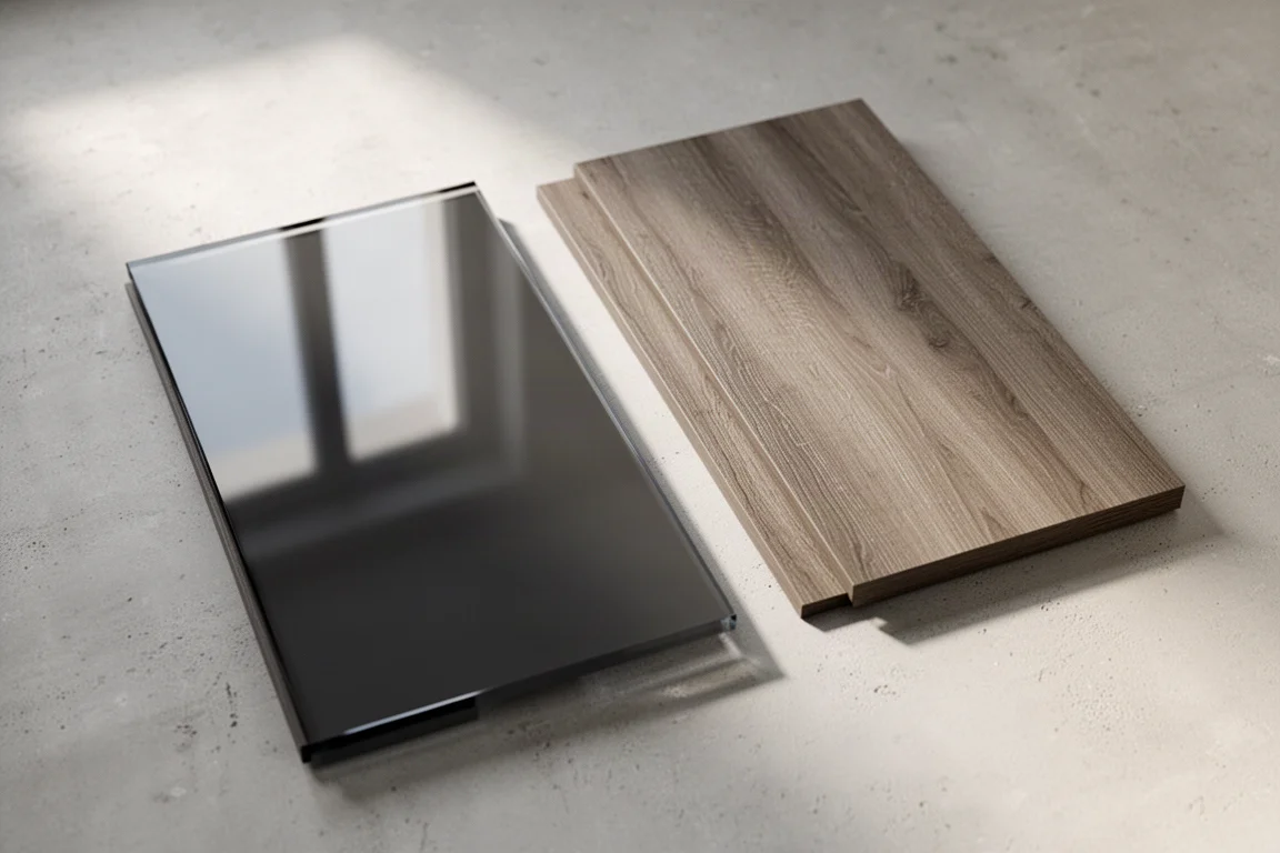 Deux panneaux de porte de meuble d'aquarium côte à côte, l'un anthracite laqué brillant, l'autre effet bois mat