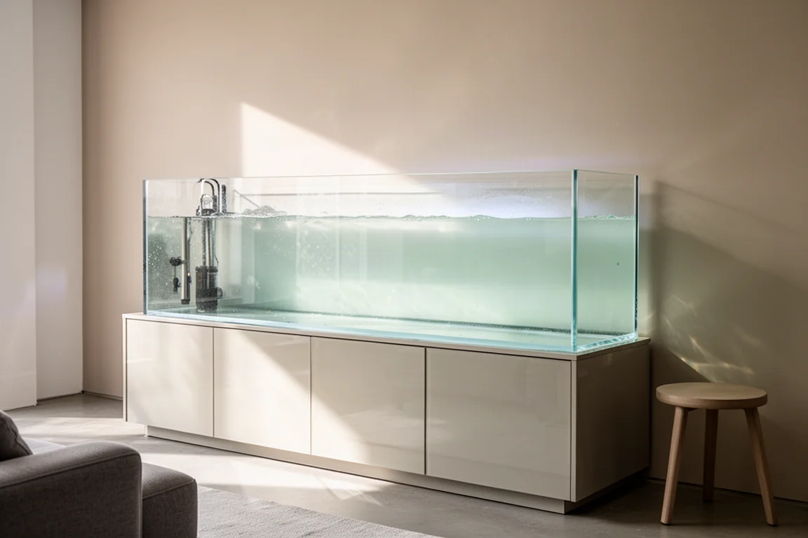 Long open-top planted aquarium with frosted back panel in a bright room