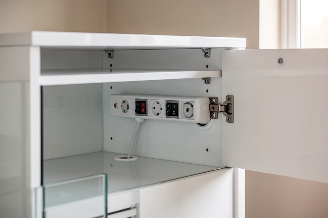 Open aquarium cabinet interior showing switched socket strip and adjustable shelf