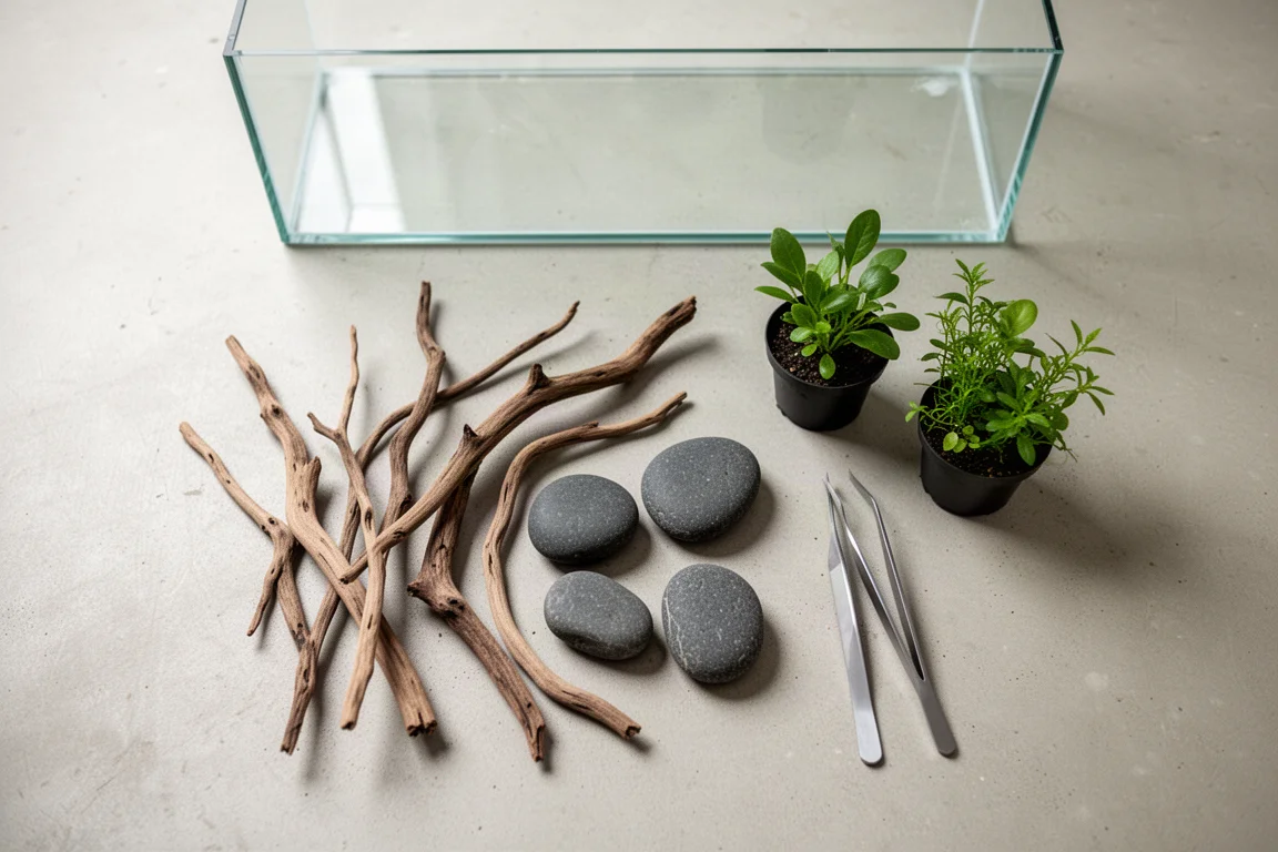 Aquascaping hardscape pieces laid out beside an empty open-top tank