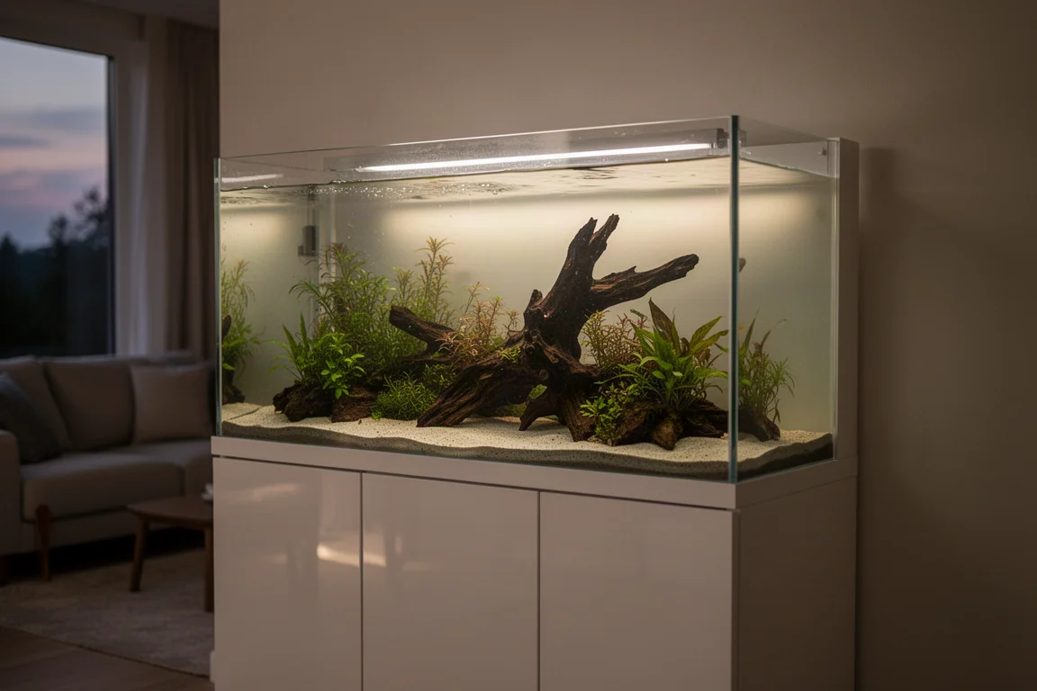 Four-foot aquarium and cabinet in a living room at dusk with warm room light