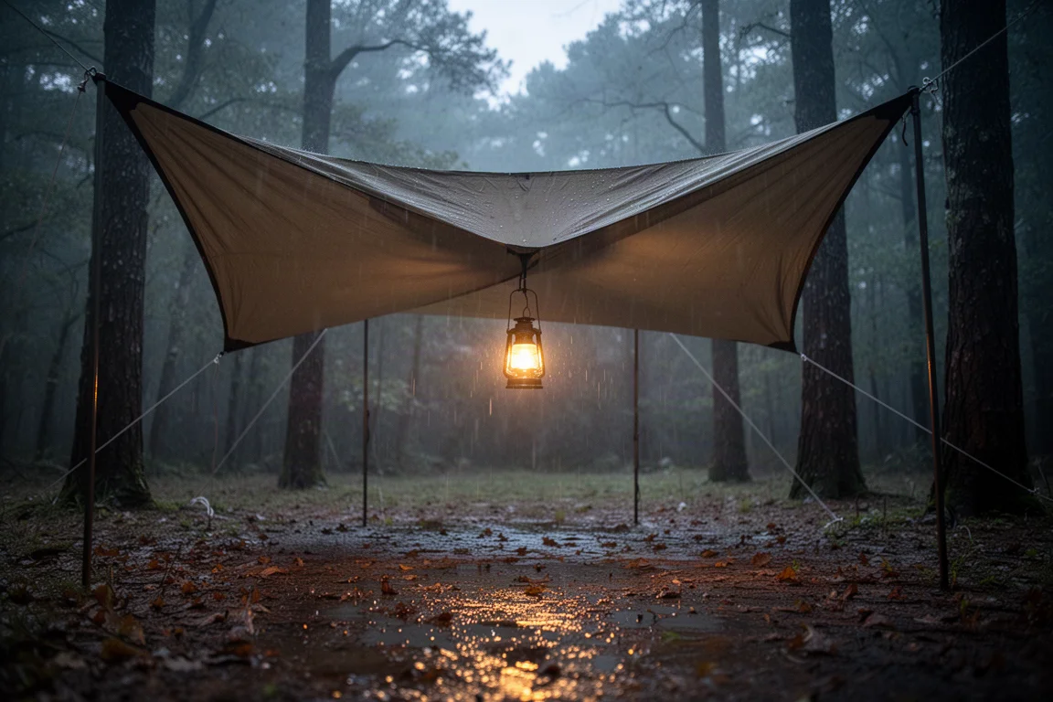 Gran refugio de tarp montado sobre un campamento forestal bajo una lluvia constante