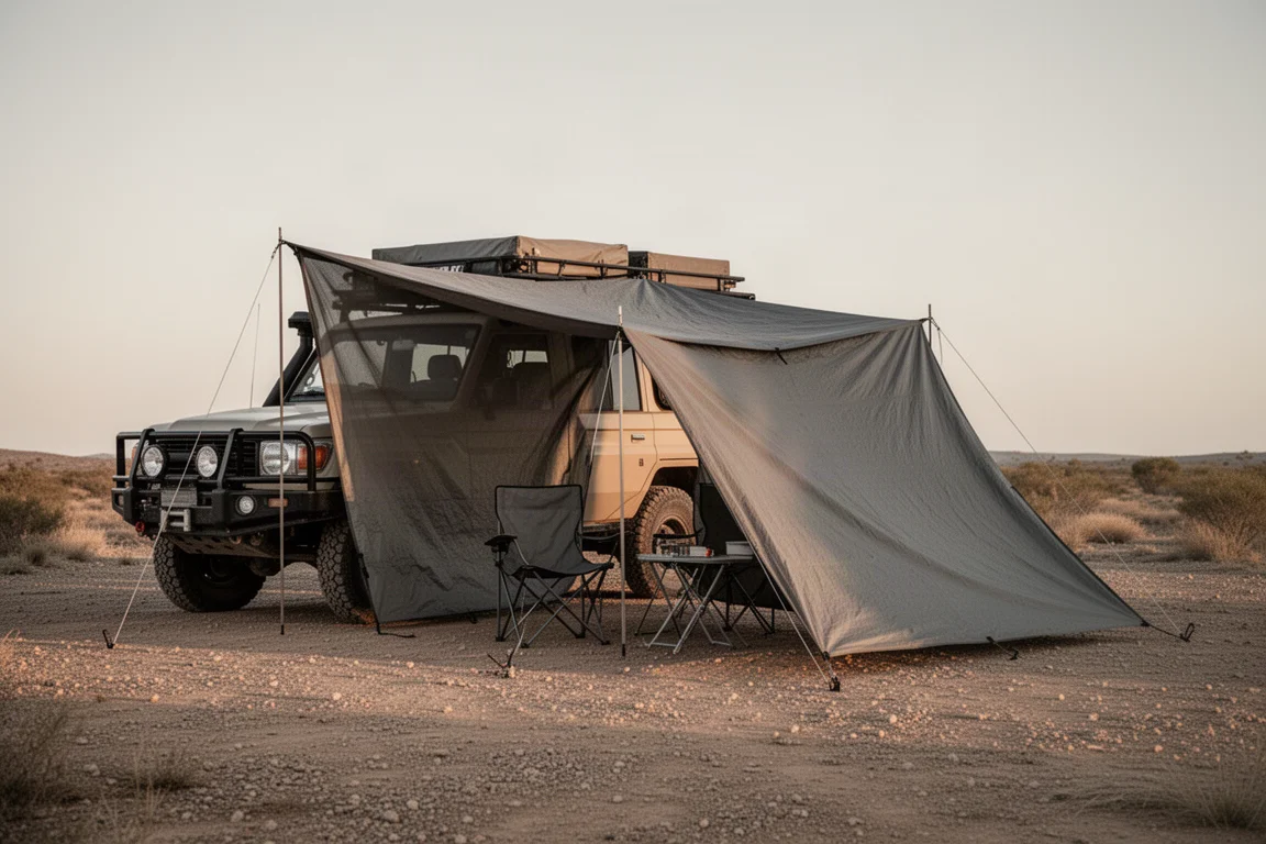 Vehículo todoterreno con un gran tarp extendido desde su baca