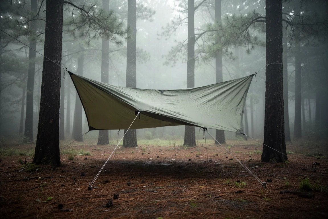 Stor tarp uppspänd över en skogsglänta i mjuk morgondimma med spända linor