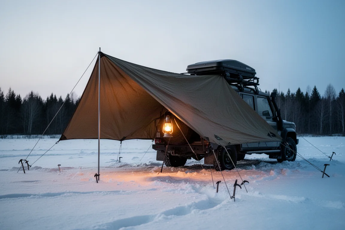 Tarp riggad från ett biltak som skydd i ett snöigt landskap i skymningen med varm lykta