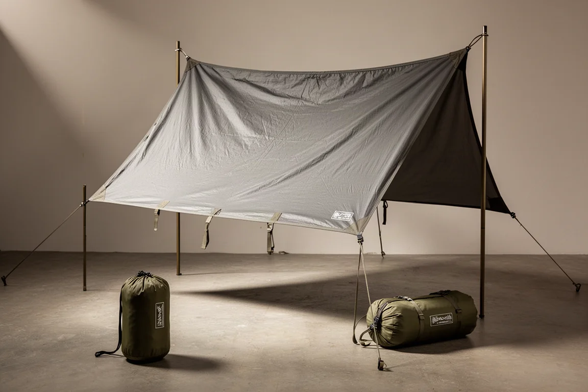 Large grey ripstop camping tarp partially suspended over a concrete surface beside its stuff sack