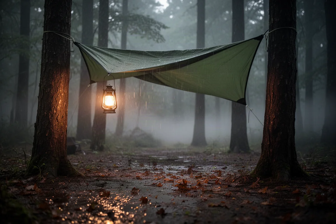 Refugio de lona verde montado bajo en un claro del bosque con el suelo oscurecido por la lluvia