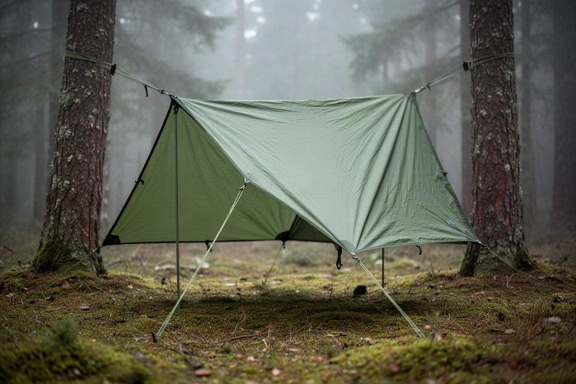 Olive green ripstop camping tarp folded beside its storage sack on a concrete surface
