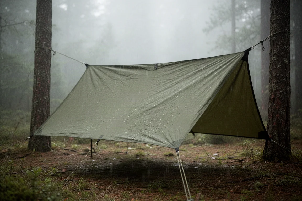 Large olive green camping tarp pitched as a shelter in a forest clearing