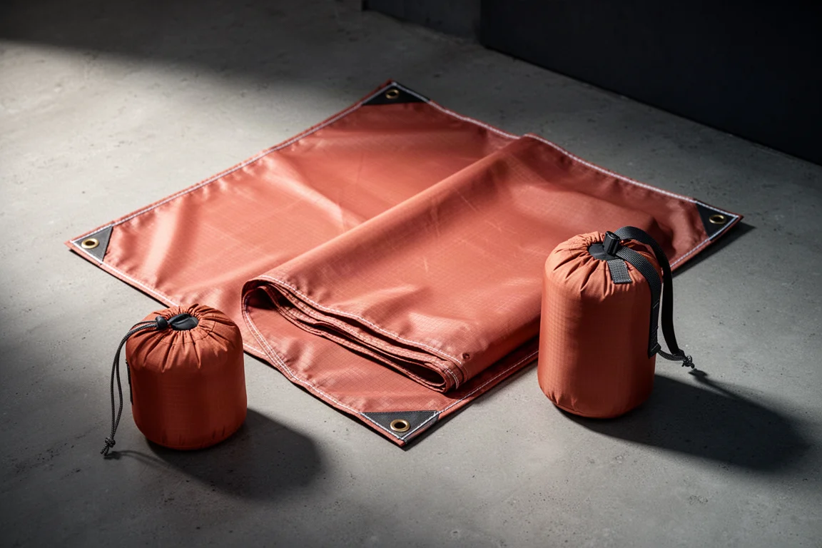 Orange-red ripstop nylon tarp partly unfolded beside its stuff sack on a concrete surface