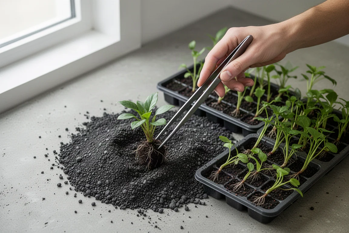 Akvarist planterar en liten växt i akvariesubstratet med pincett