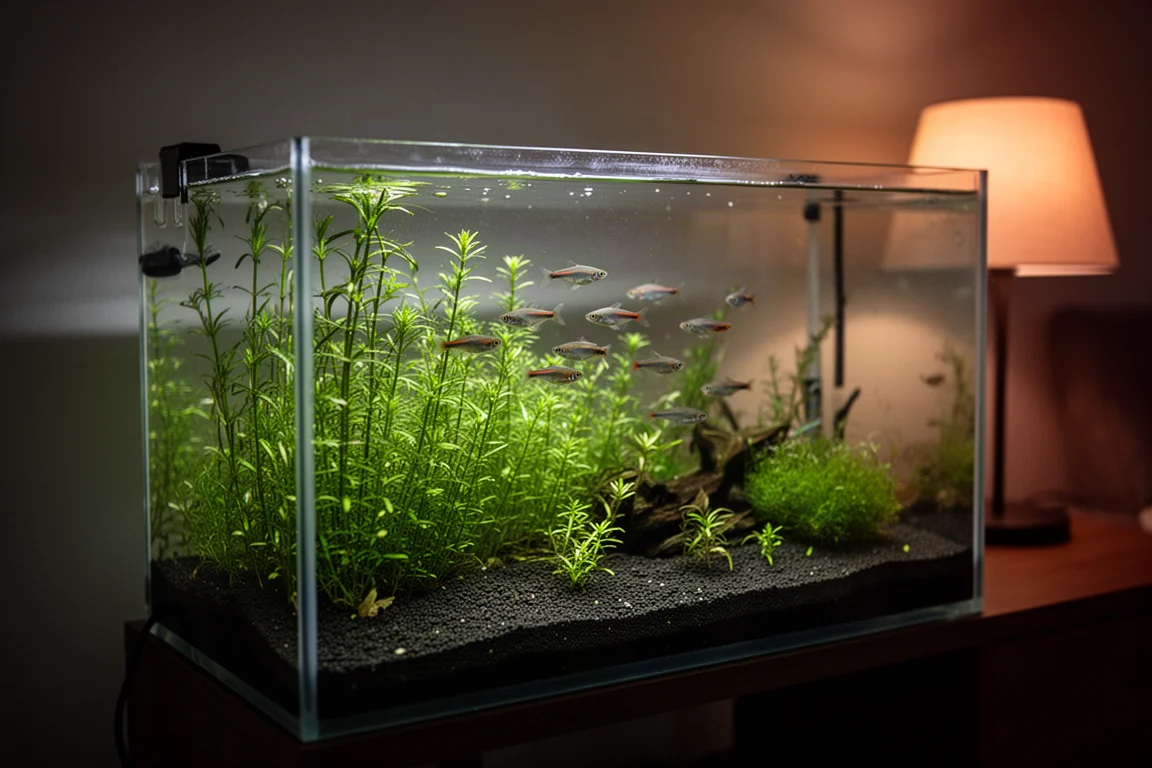 Växtakvarium med mörkt substrat och små stimfiskar i skymningsljus