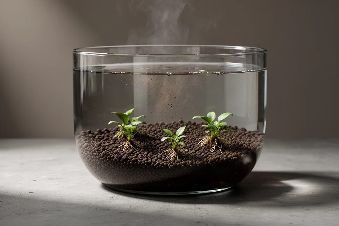Rimless aquarium filled with dark granular aqua soil and foreground plants