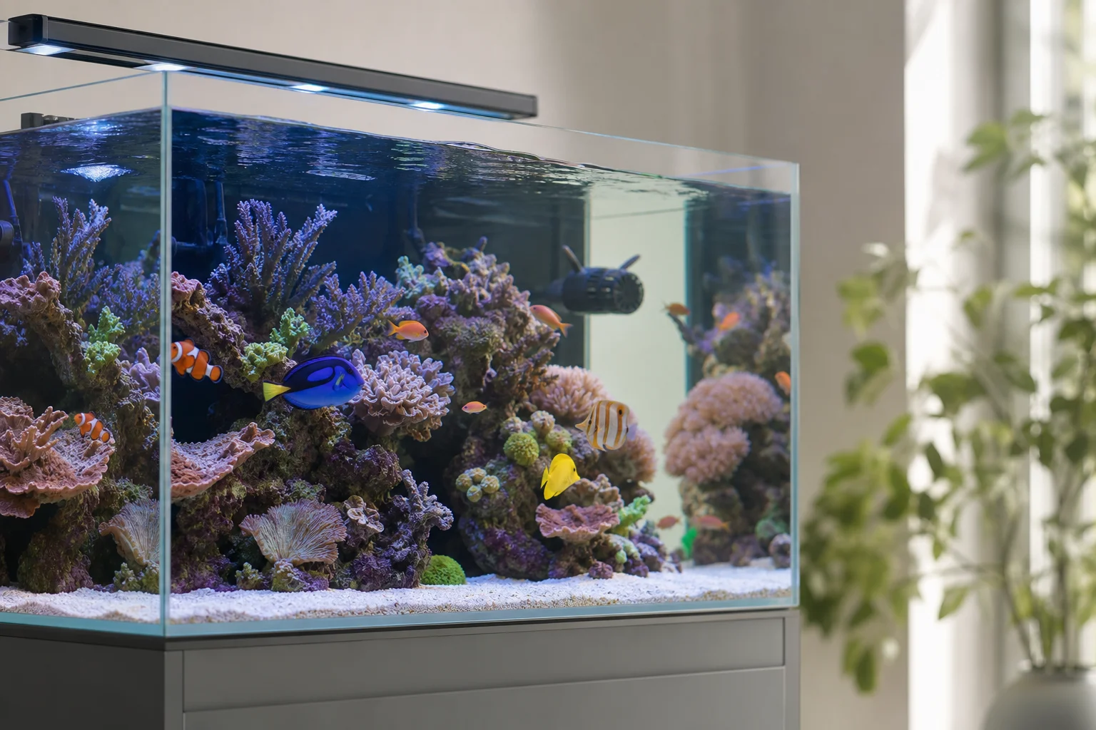 Well-maintained saltwater aquarium with healthy fish and coral