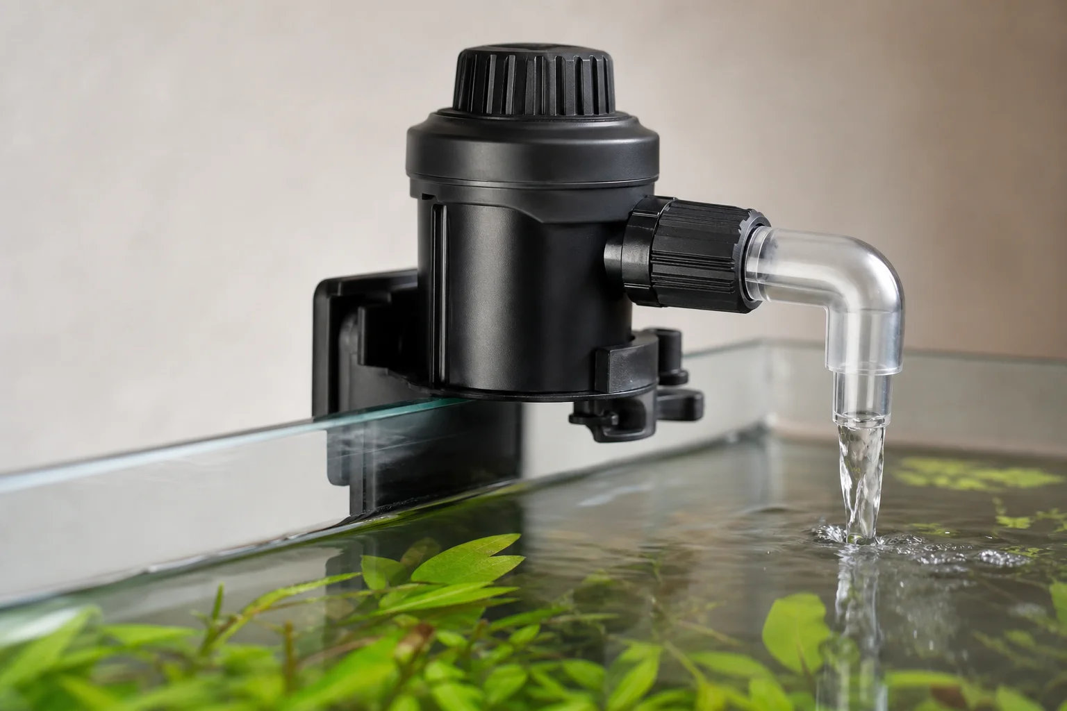 UV sterilizer outlet spout mounted on aquarium edge directing water into tank