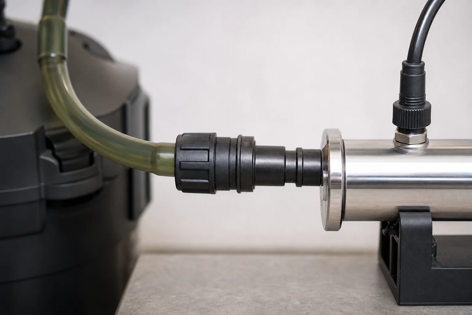 Canister filter tubing connected to UV sterilizer inlet barb