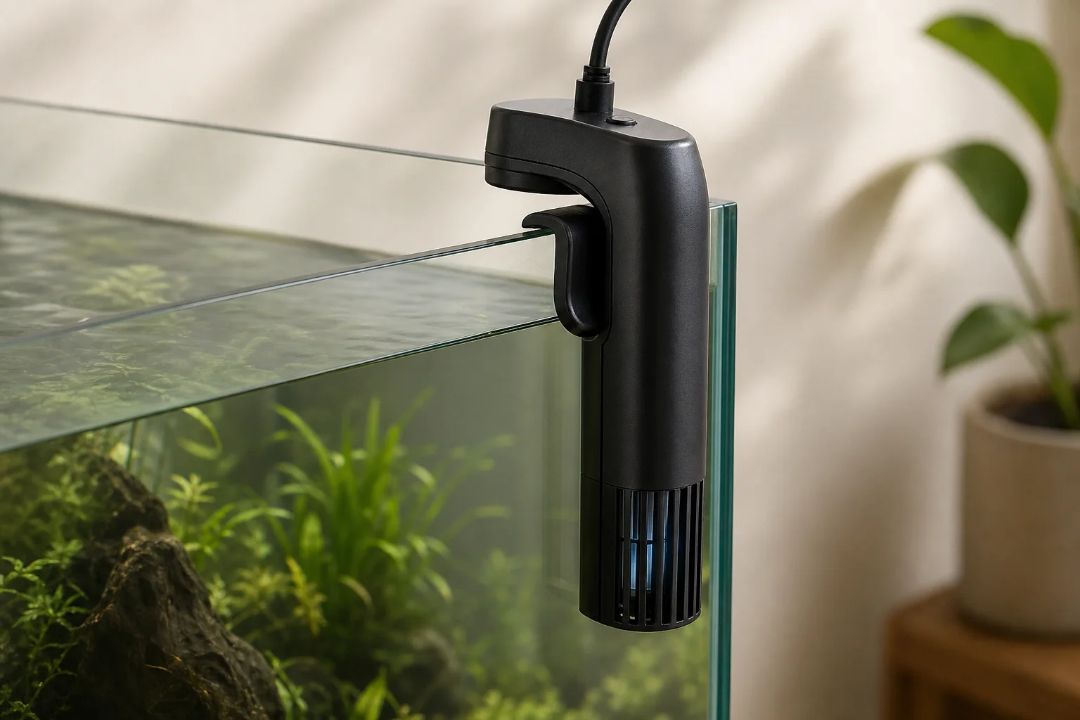 Compact UV sterilizer mounted on aquarium rim with integrated hook