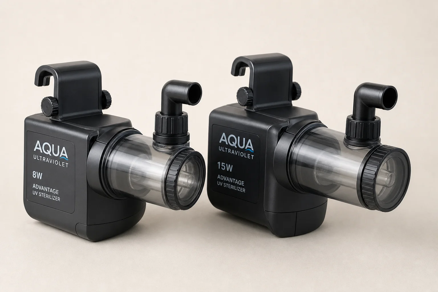 Two Aqua Ultraviolet Advantage UV sterilizers, 8-watt and 15-watt models, on neutral backdrop