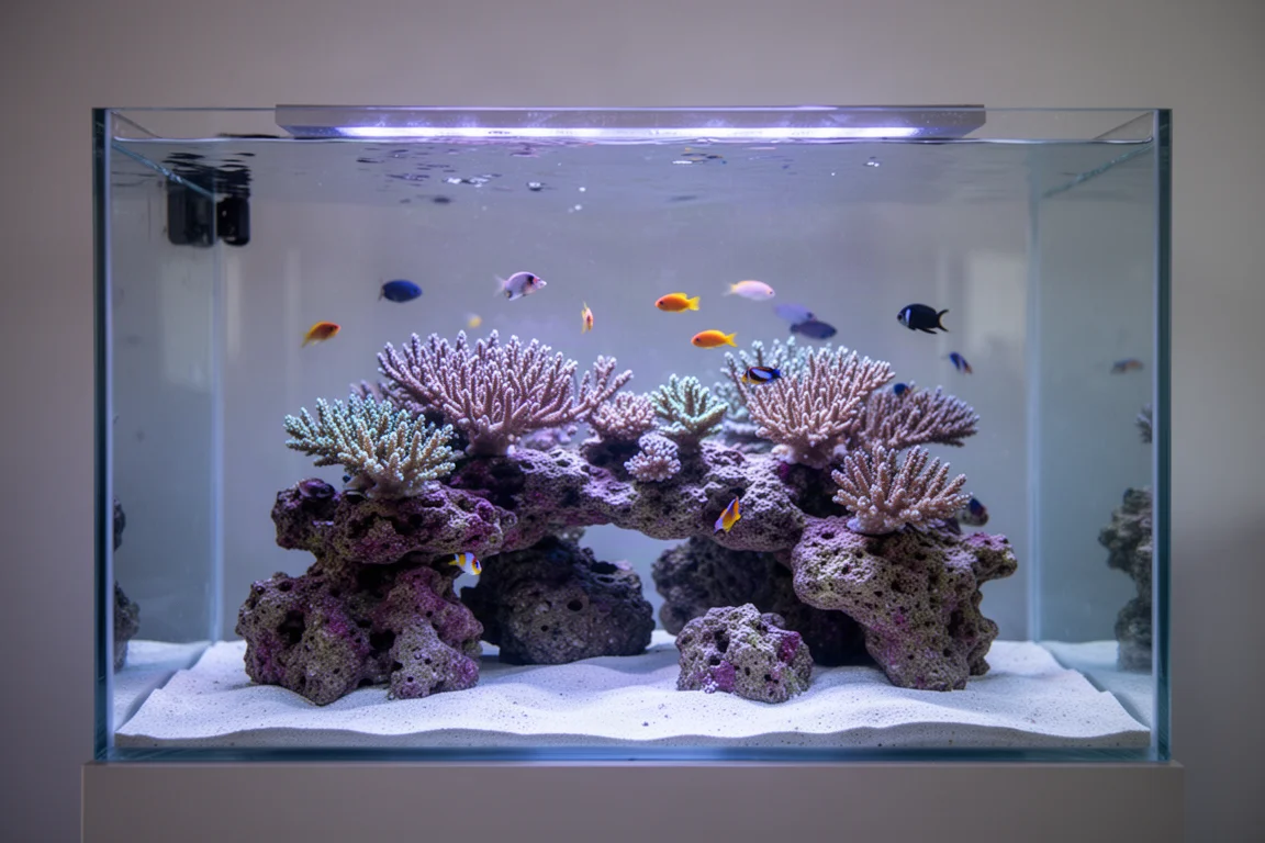 Aquarium récifal éclairé par une lumière bleue douce avec coraux et petits poissons