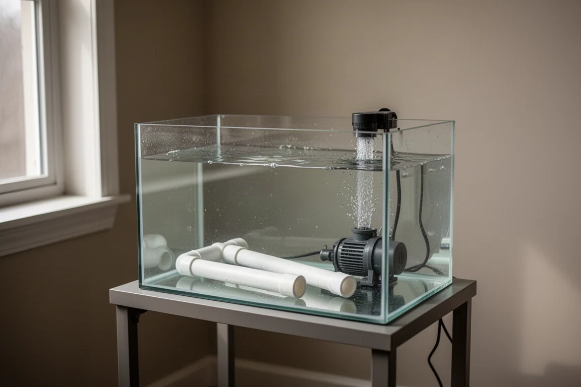 Petit aquarium de quarantaine à fond nu avec tuyaux PVC et une pompe