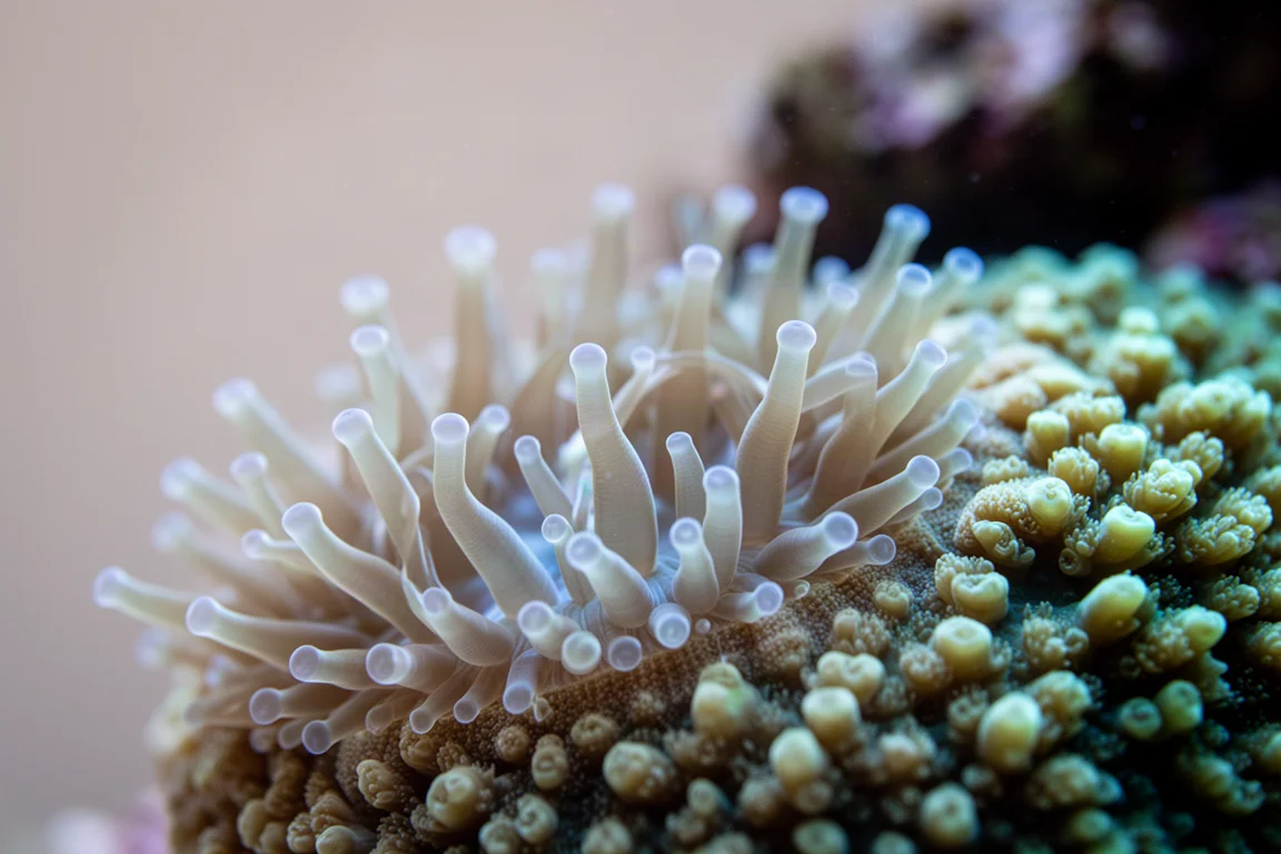 微距视角下珊瑚虫在柔和蓝色水族灯下伸展