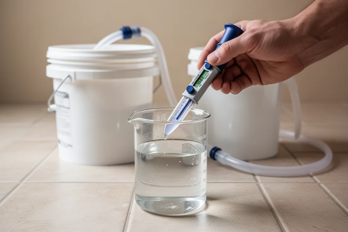 Aficionado al arrecife midiendo la salinidad con un refractómetro en agua salada recién mezclada