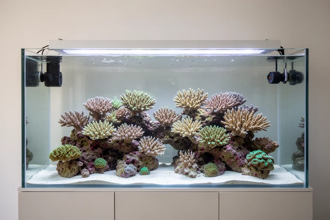Acuario de arrecife bajo en nutrientes con corales SPS y agua cristalina