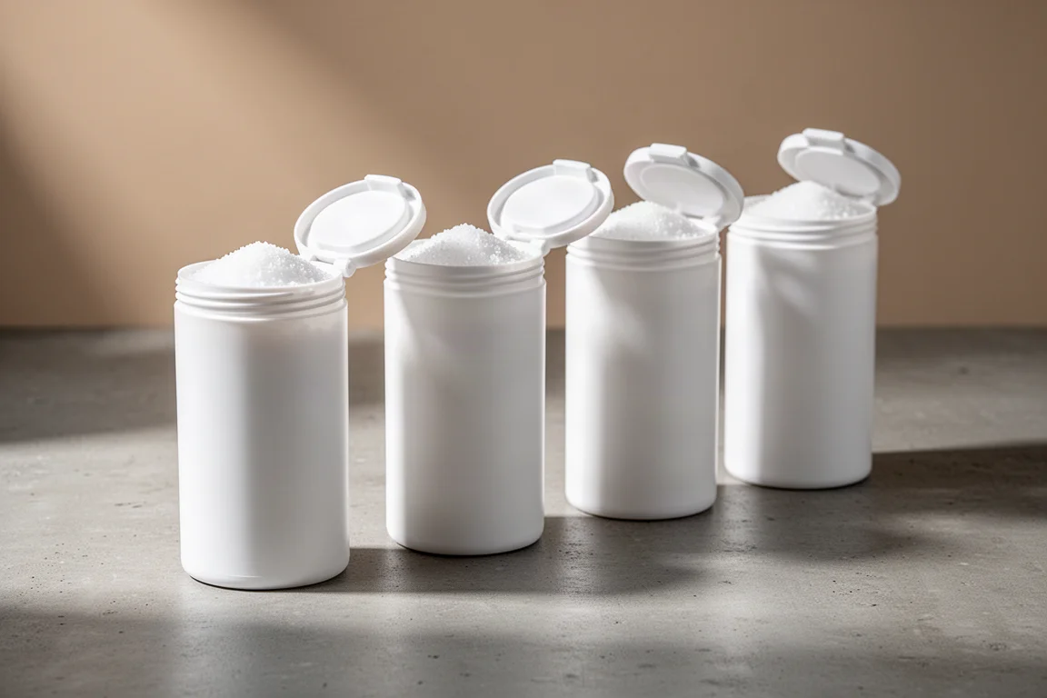 蓋を少し開けた4つの白いプラスチック製ソルトミックス容器がコンクリートの表面に並んでいる