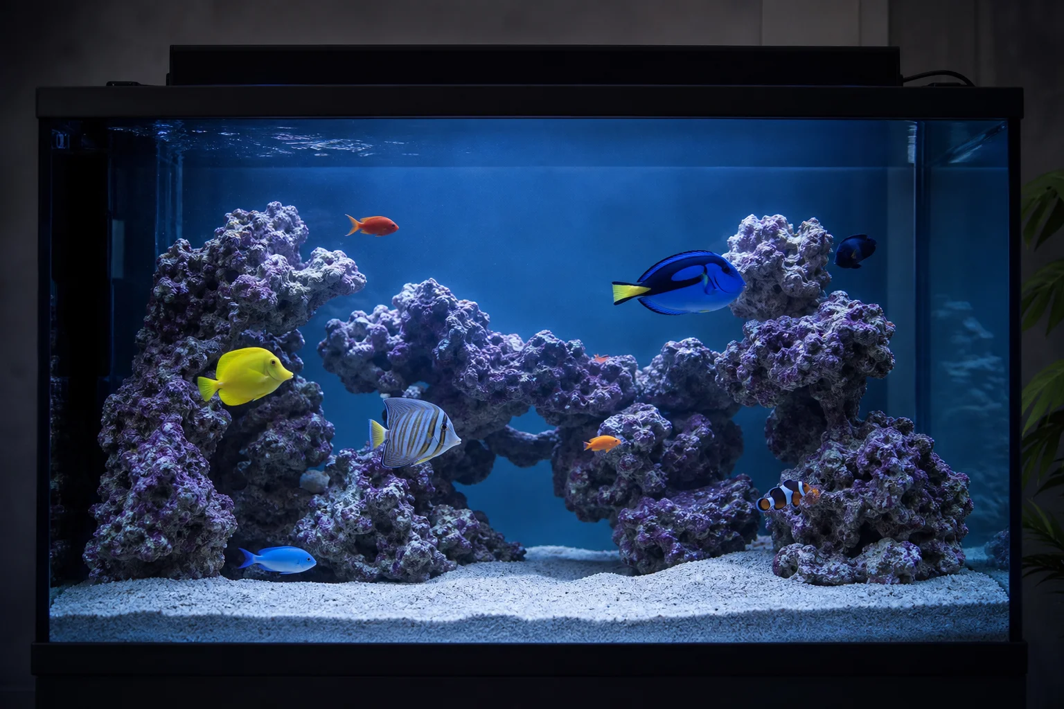 Meerwasseraquarium nur mit Fischen, bunten Fischen und Lebendgestein